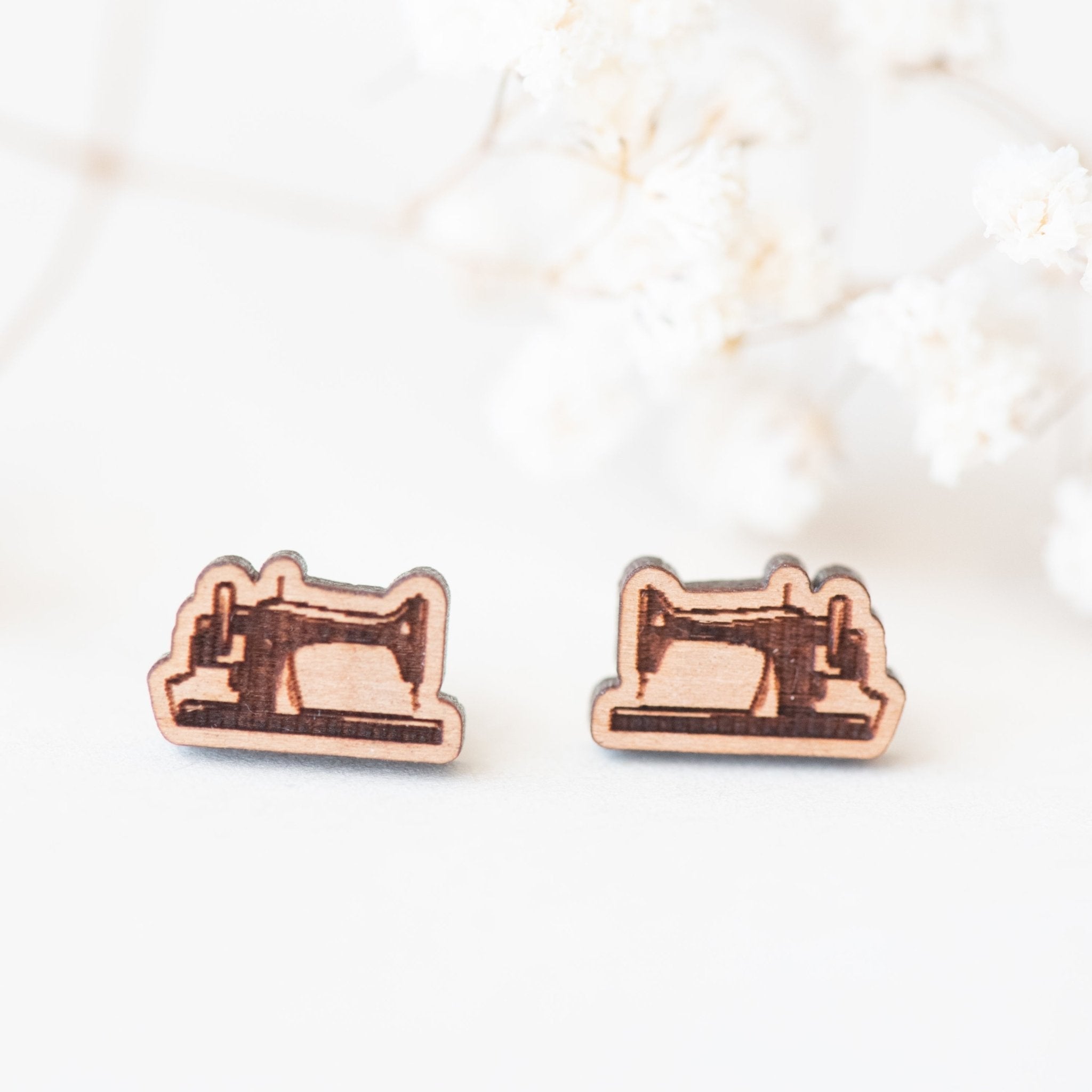 Sewing Machine Cherry Wood Stud Earrings - ET15074 - Robin Valley Official Store