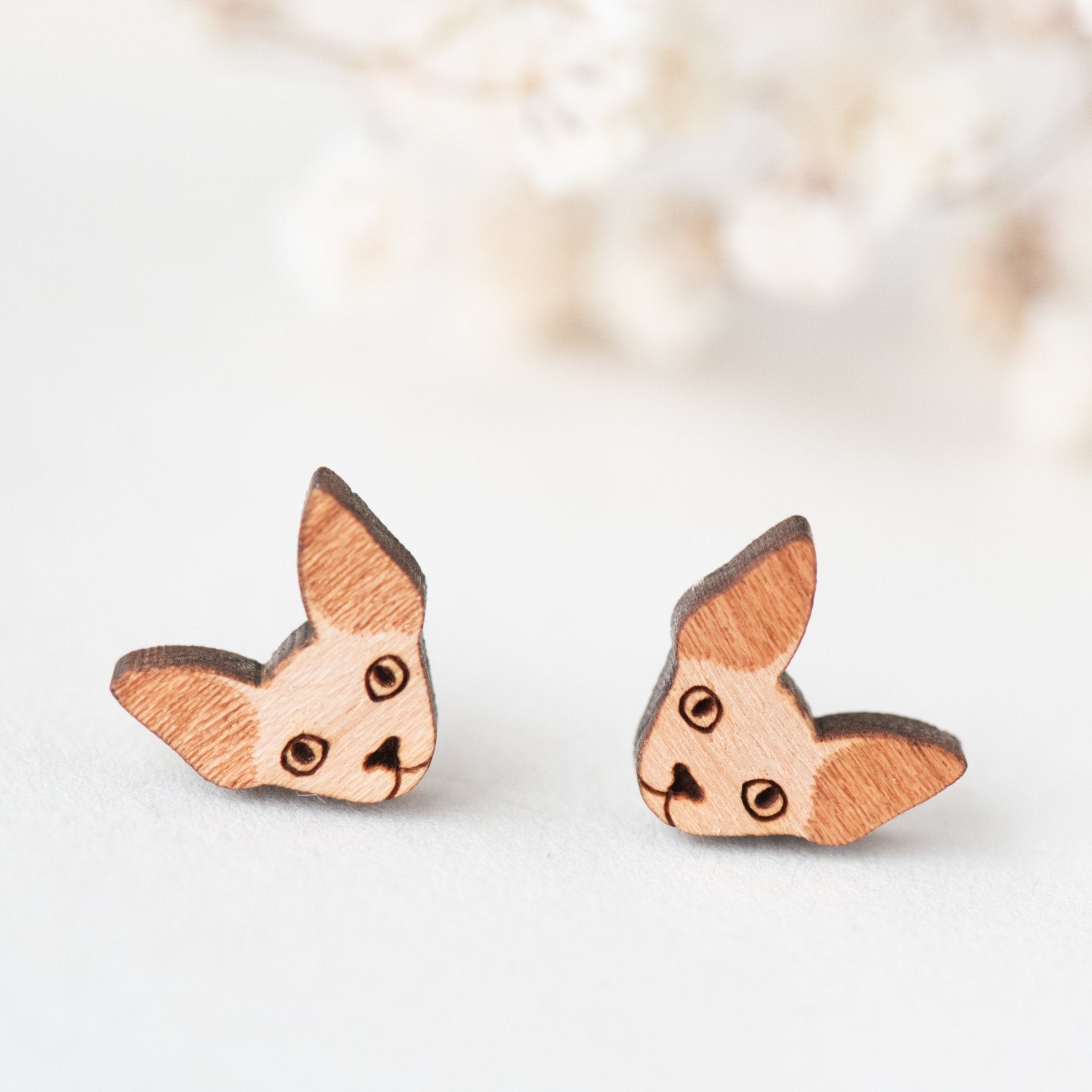 Sphynx Egyptian Cat Cherry Wood Stud Earrings - EL10172 - Robin Valley Official Store