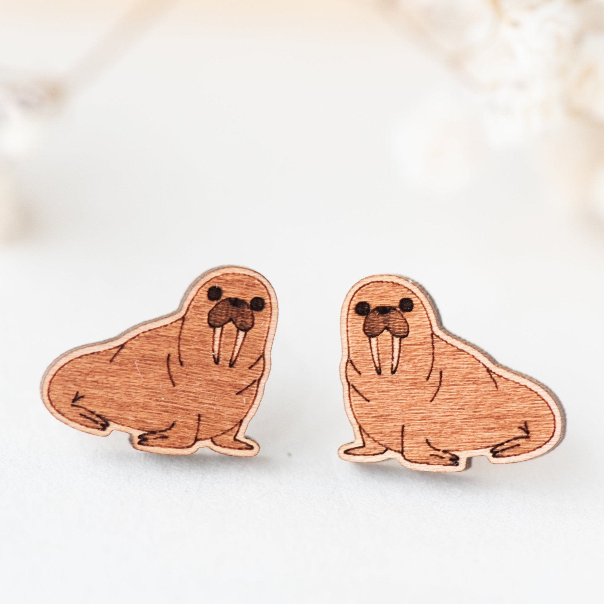 Walrus Cherry Wood Stud Earrings - ES13056 - Robin Valley Official Store