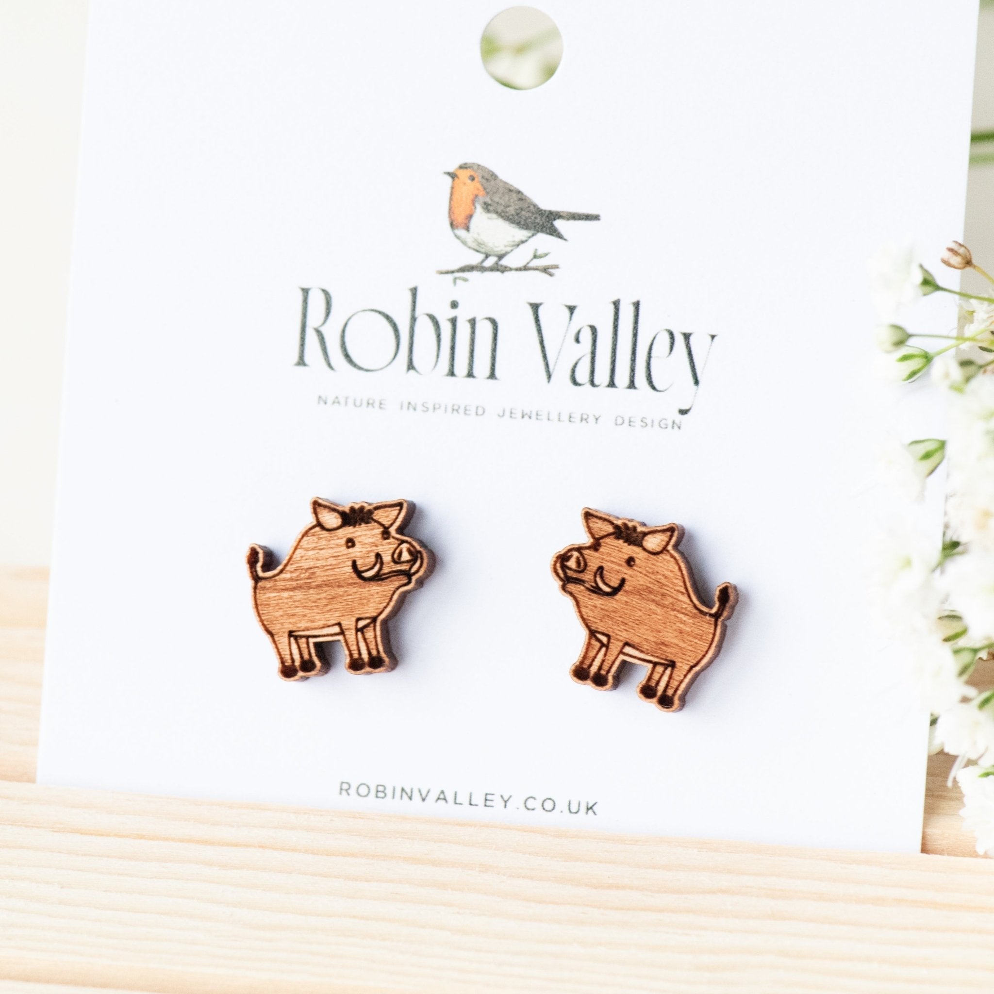 Warthog Cherry Wood Stud Earrings - EL10082 - Robin Valley Official Store