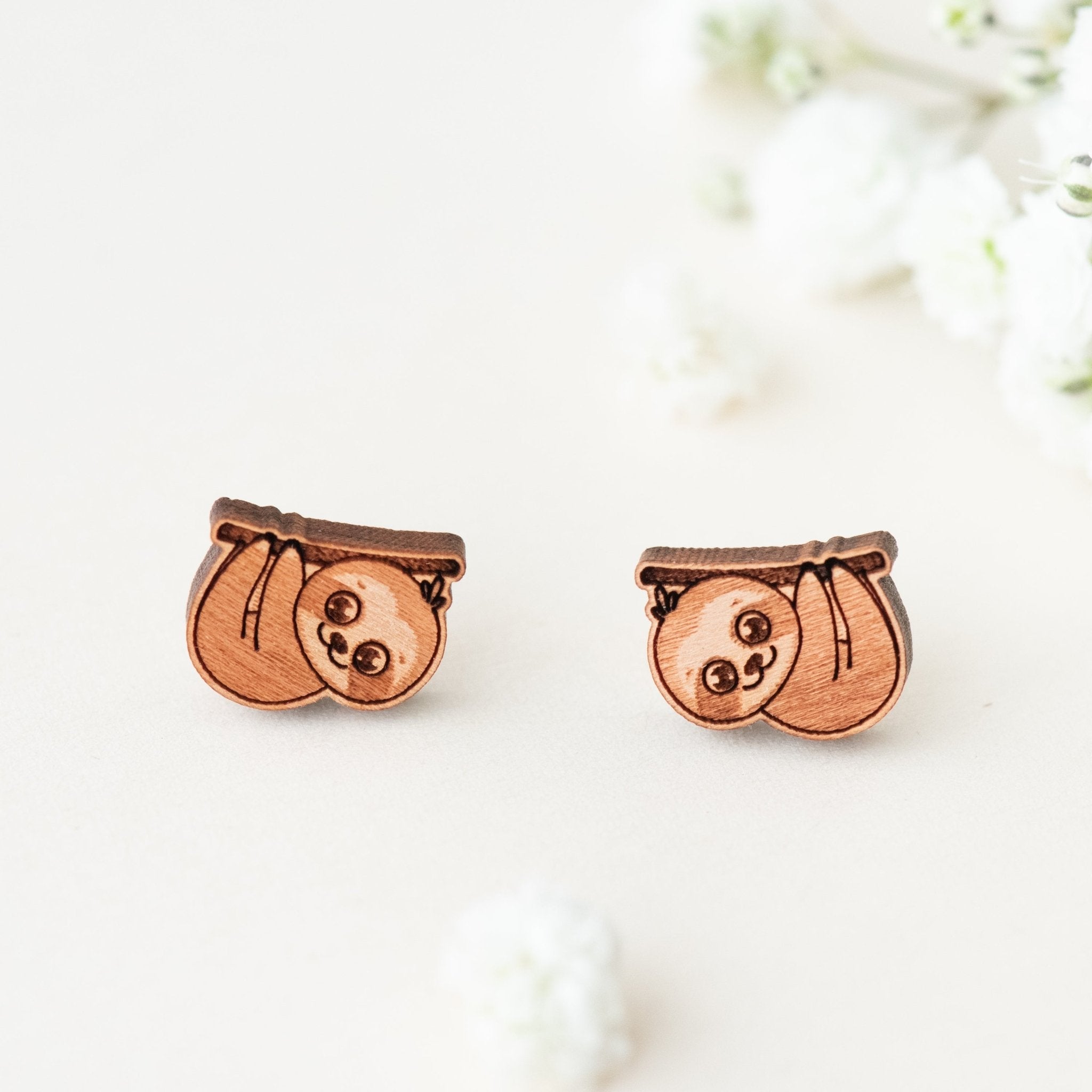 Sloth Back Earser Baby Sloth Cherry Wood Stud Earrings | Robin Valley Official Store