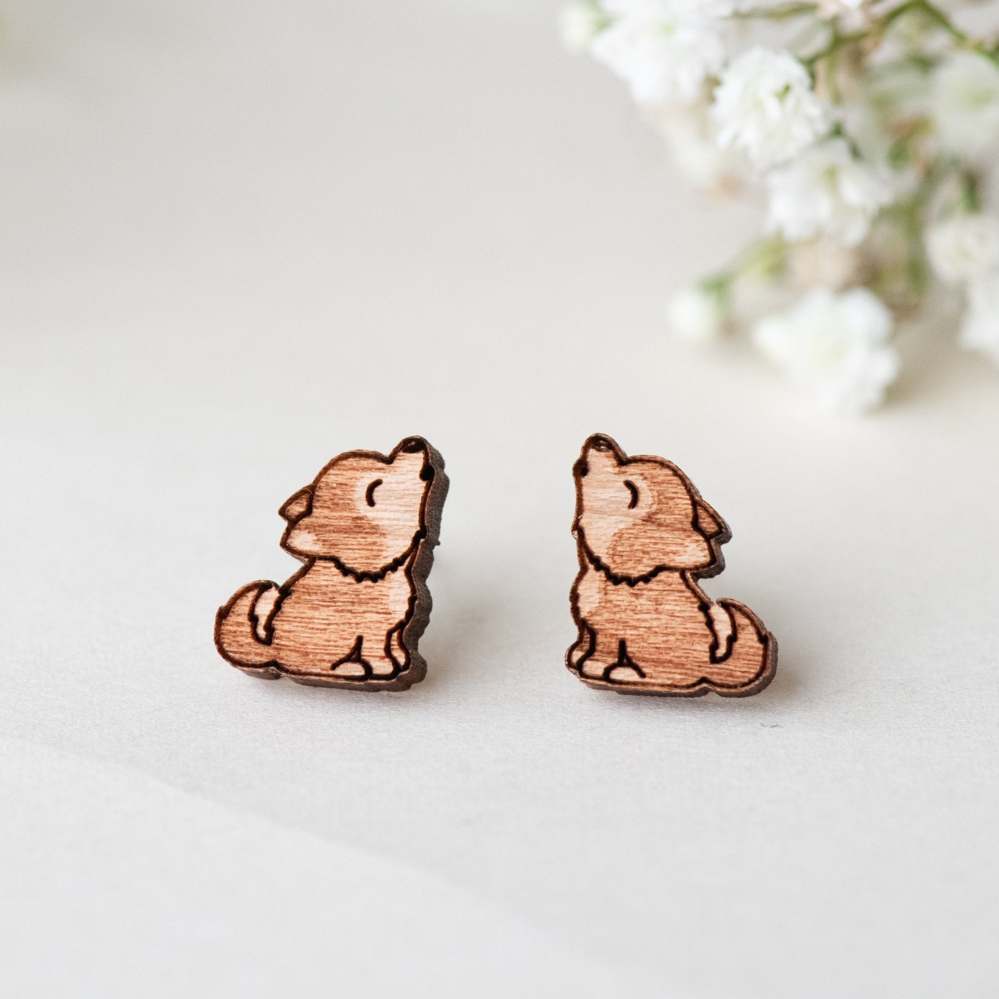Wooden Howling Baby Wolf Earrings - EL10008 - Robin Valley Official Store