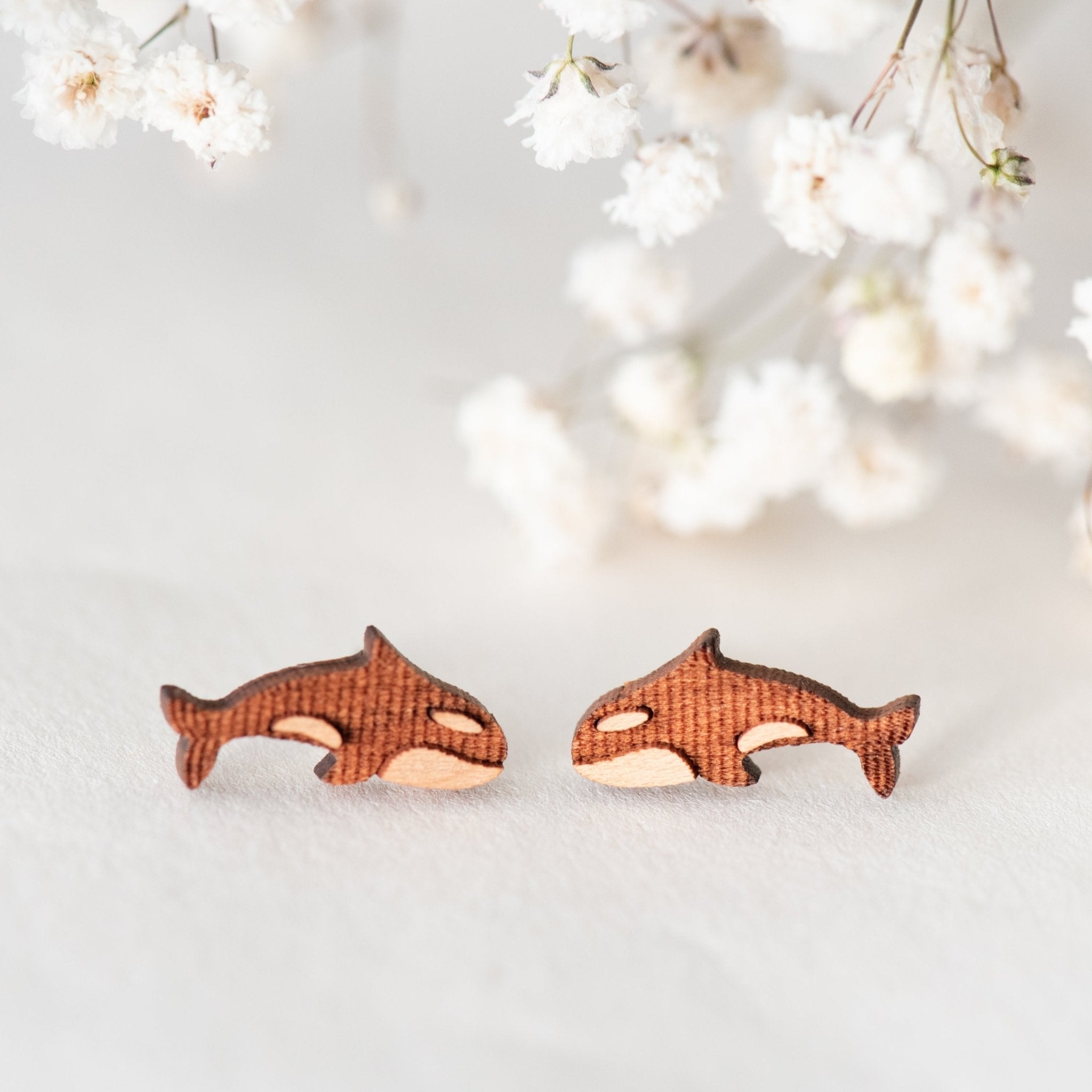 Wooden Orca Killer Whale Earrings Stud - ES13043 - Robin Valley Official Store