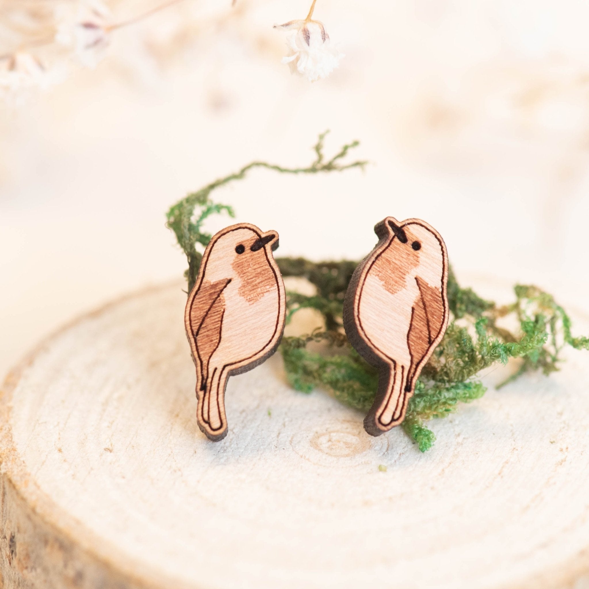 Wooden Perched Robin Bird Earrings - EB12024 - Robin Valley Official Store