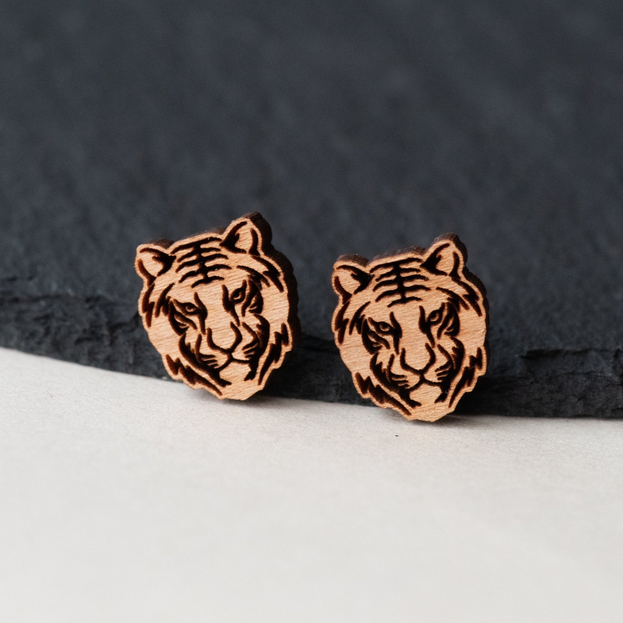 Wooden Realistic Tiger Earrings Stud - EL10100 - Robin Valley Official Store