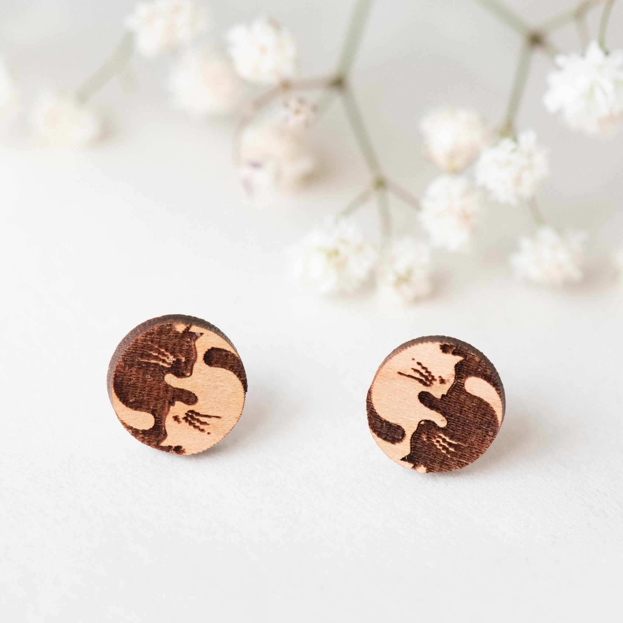 Wooden Yin Yang Cat Earrings Stud - EL10020 - Robin Valley Official Store